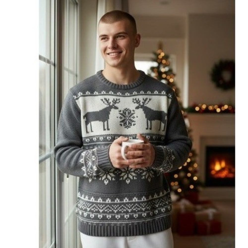 Knitted by "Bass" Womens XS Grey Fair Isle Reindeer Snowflake Sweater Vintage